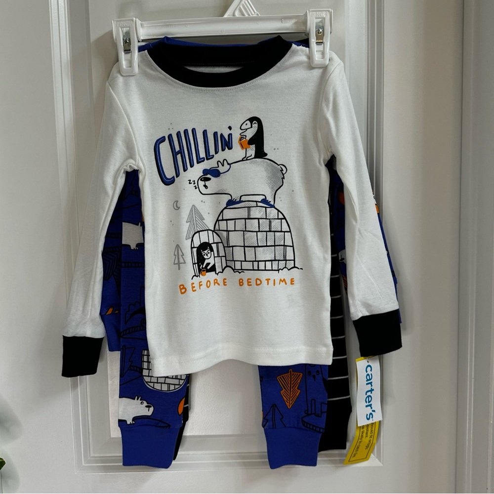 NWT- Carter's White, Blue & Black Penguin Pajama 4 Pc Set Size 2T